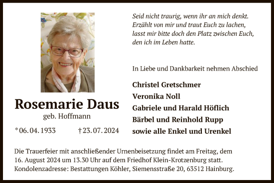 Traueranzeige von Rosemarie Daus von OF