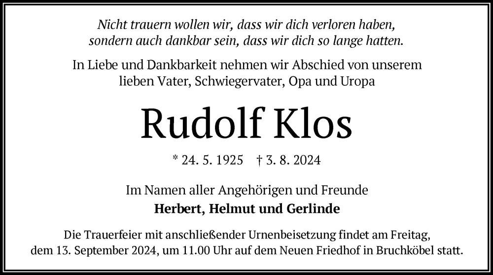  Traueranzeige für Rudolf Klos vom 31.08.2024 aus OF