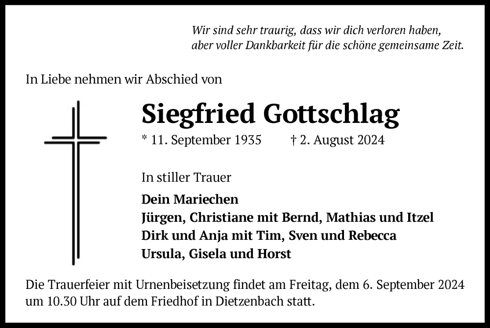  Traueranzeige für Siegfried Gottschlag vom 17.08.2024 aus OF