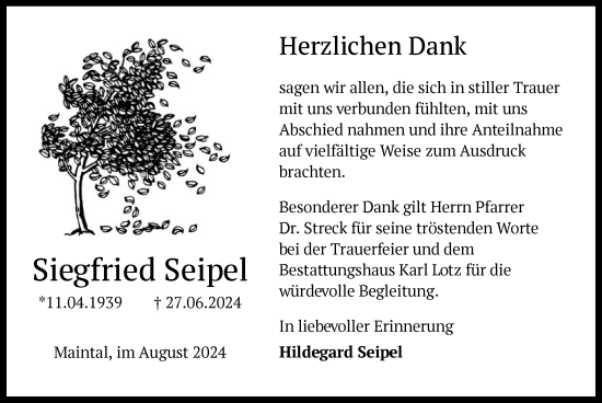 Traueranzeige von Siegfried Seipel von OF