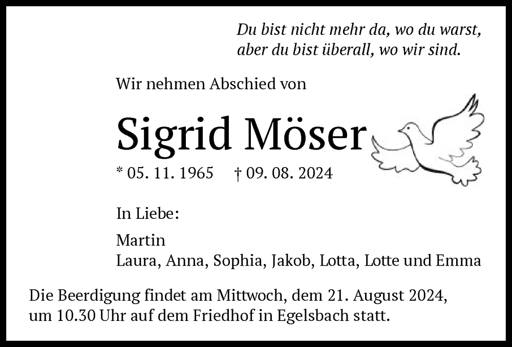  Traueranzeige für Sigrid Möser vom 17.08.2024 aus OF