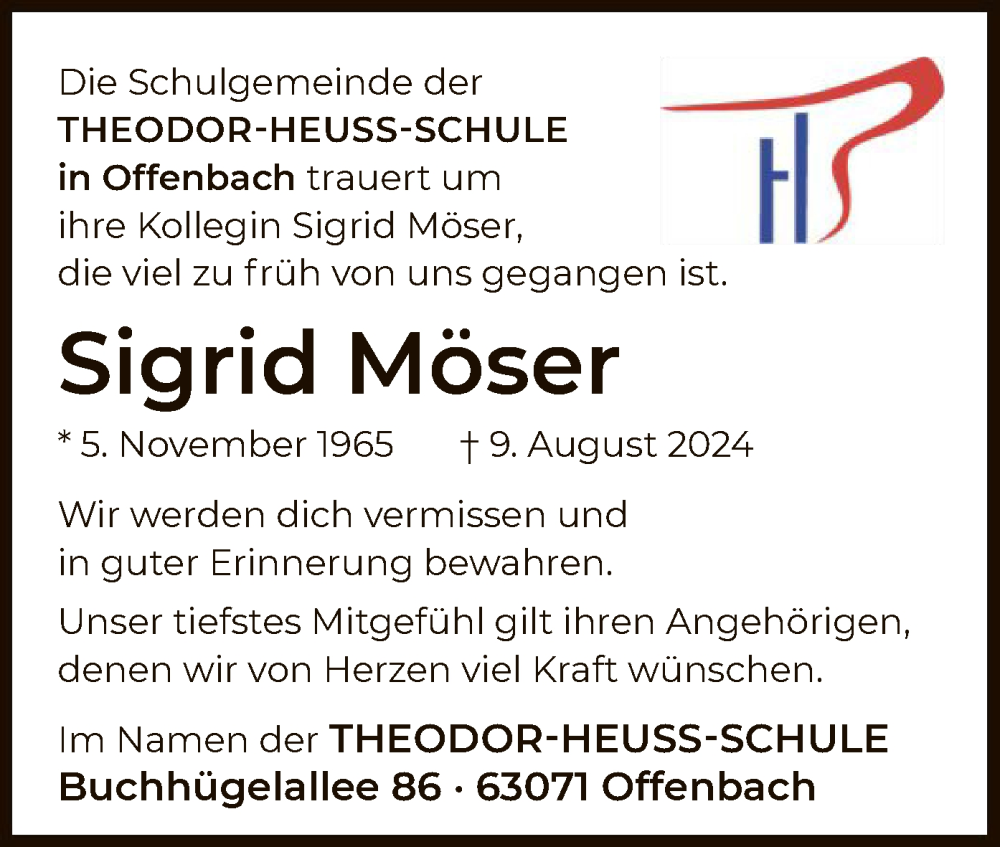  Traueranzeige für Sigrid Möser vom 17.08.2024 aus OF