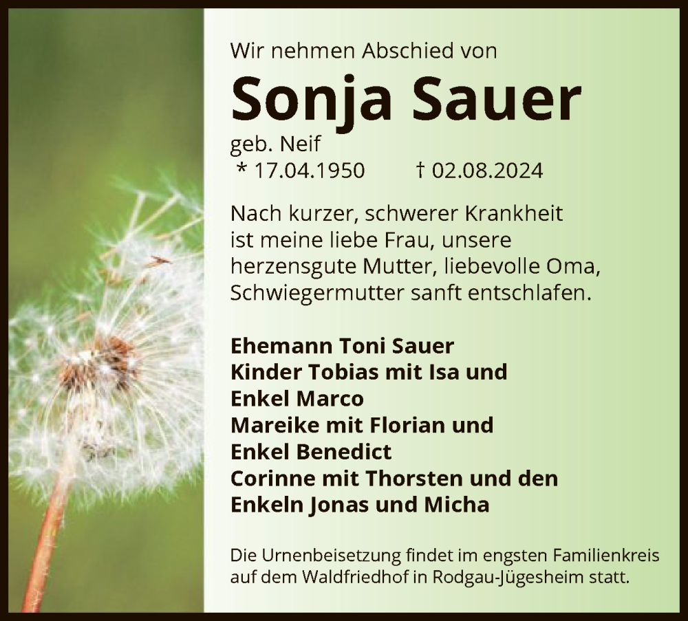  Traueranzeige für Sonja Sauer vom 10.08.2024 aus OF
