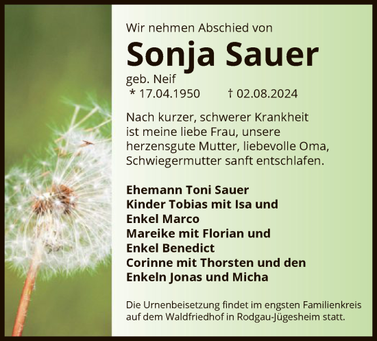 Traueranzeige von Sonja Sauer von OF