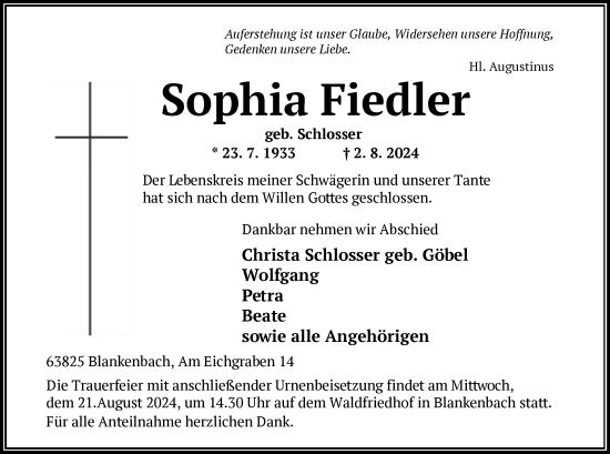 Traueranzeige von Sophia Fiedler von OF