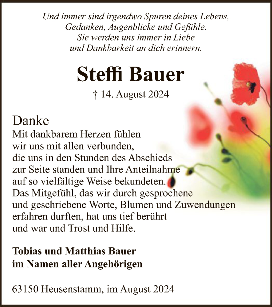 Traueranzeige für Steffi Bauer vom 31.08.2024 aus OF