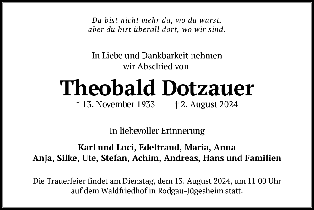  Traueranzeige für Theobald Dotzauer vom 10.08.2024 aus OF