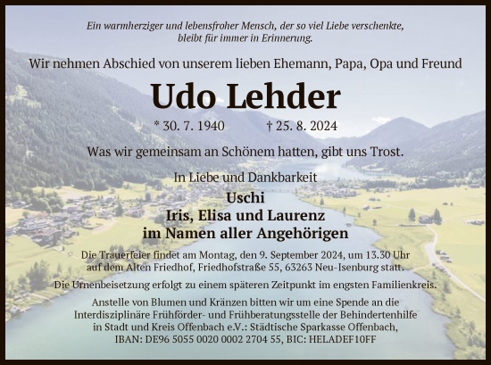 Traueranzeige von Udo Lehder von OF
