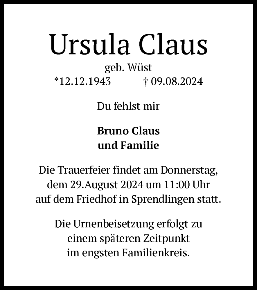  Traueranzeige für Ursula Claus vom 24.08.2024 aus OF