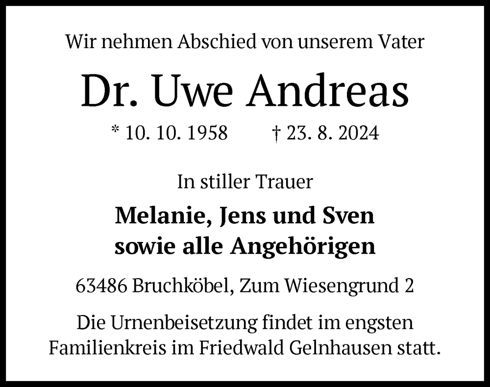  Traueranzeige für Uwe Andreas vom 31.08.2024 aus OF
