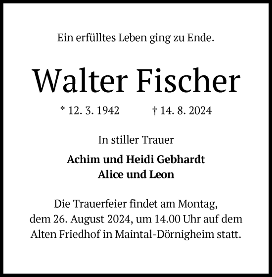 Traueranzeige von Walter Fischer von OF