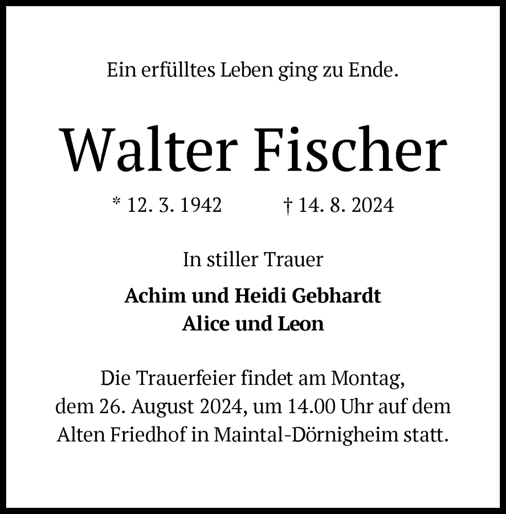  Traueranzeige für Walter Fischer vom 21.08.2024 aus OF