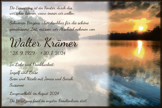 Traueranzeige von Walter Krämer von OF