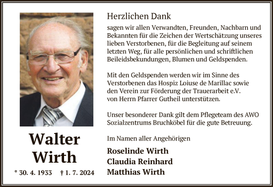 Traueranzeige von Walter Wirth von OF