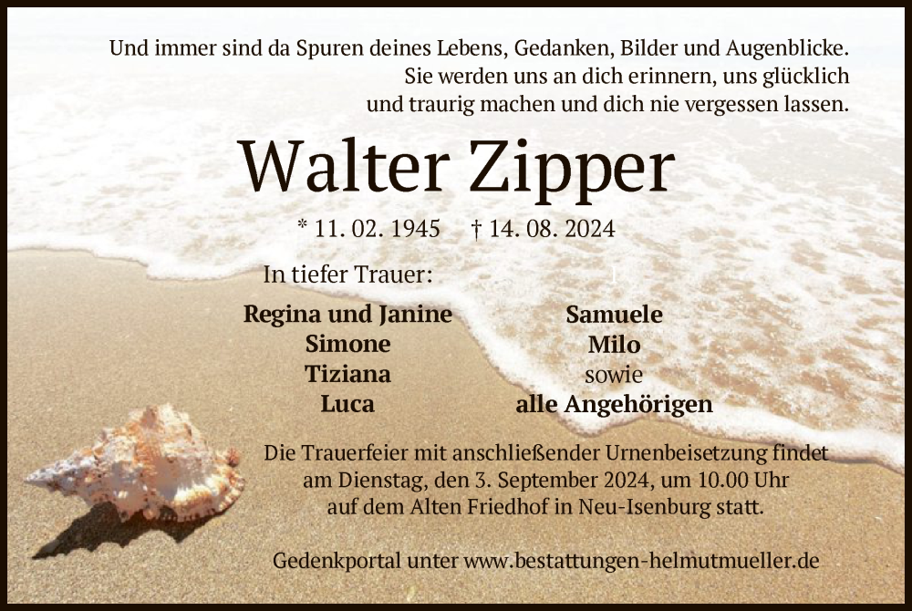  Traueranzeige für Walter Zipper vom 31.08.2024 aus OF