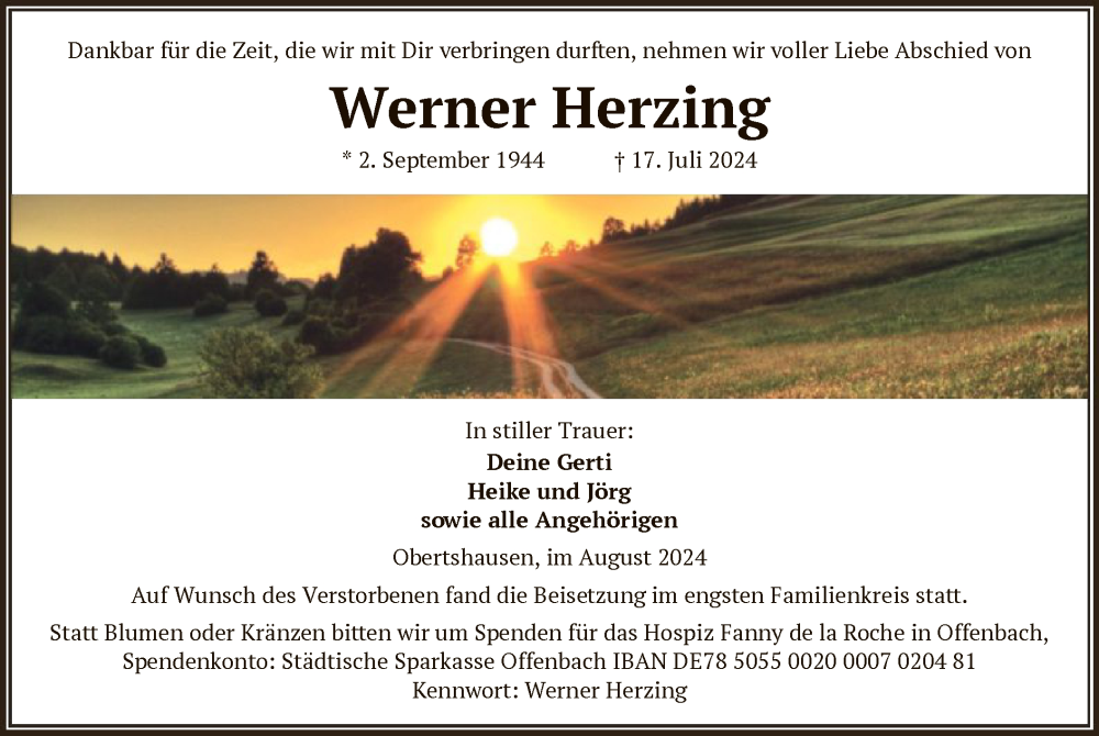  Traueranzeige für Werner Herzing vom 10.08.2024 aus OF