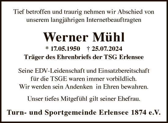 Traueranzeige von Werner Mühl von OF