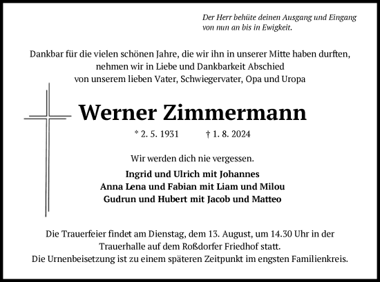 Traueranzeige von Werner Zimmermann von OF