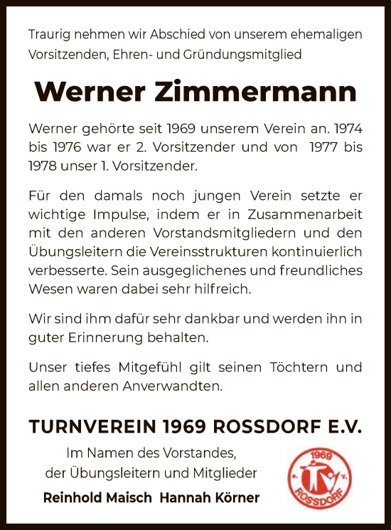 Traueranzeige von Werner Zimmermann von OF