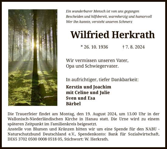 Traueranzeige von Wilfried Herkrath von OF