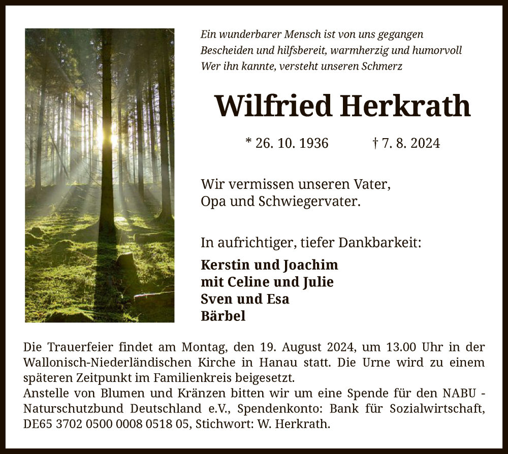  Traueranzeige für Wilfried Herkrath vom 17.08.2024 aus OF