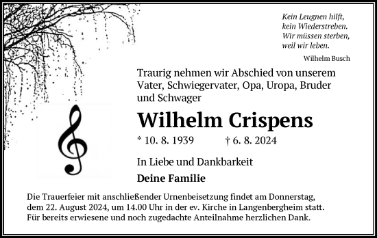 Traueranzeige von Wilhelm Crispens von OF