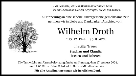 Traueranzeige von Wilhelm Droth von OF