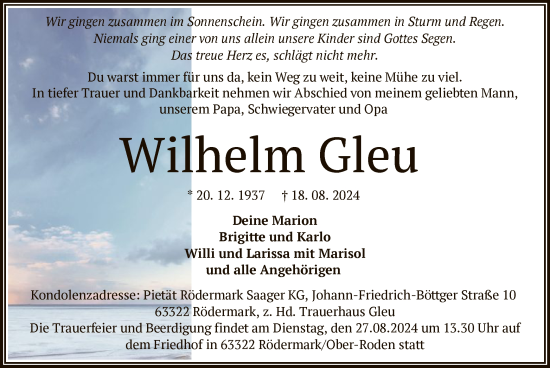 Traueranzeige von Wilhelm Gleu von OF