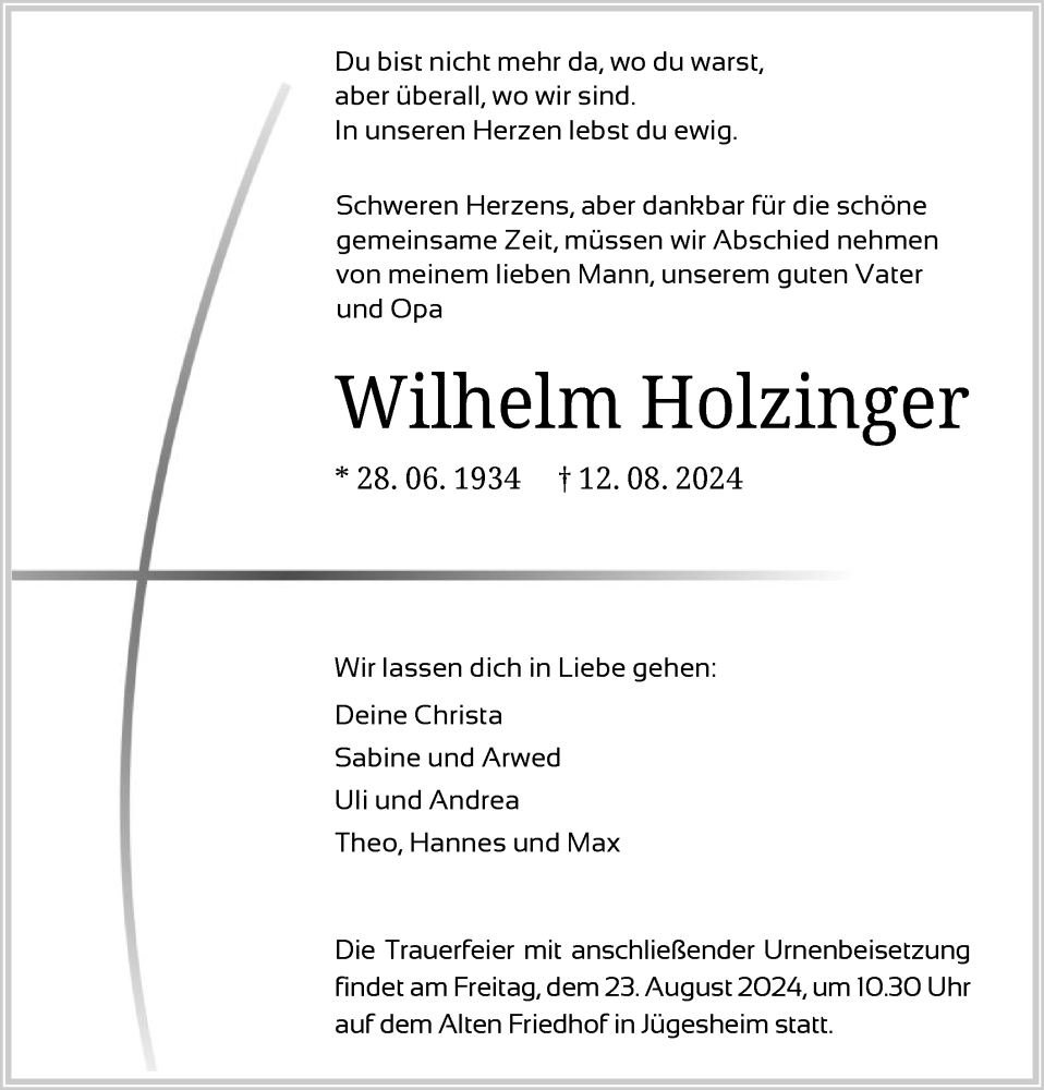 Traueranzeige für Wilhelm Holzfinger vom 17.08.2024 aus OF