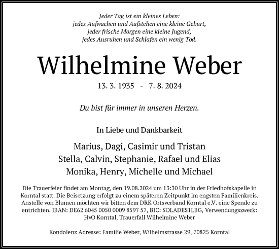 Traueranzeige von Wilhelmine Weber von OF