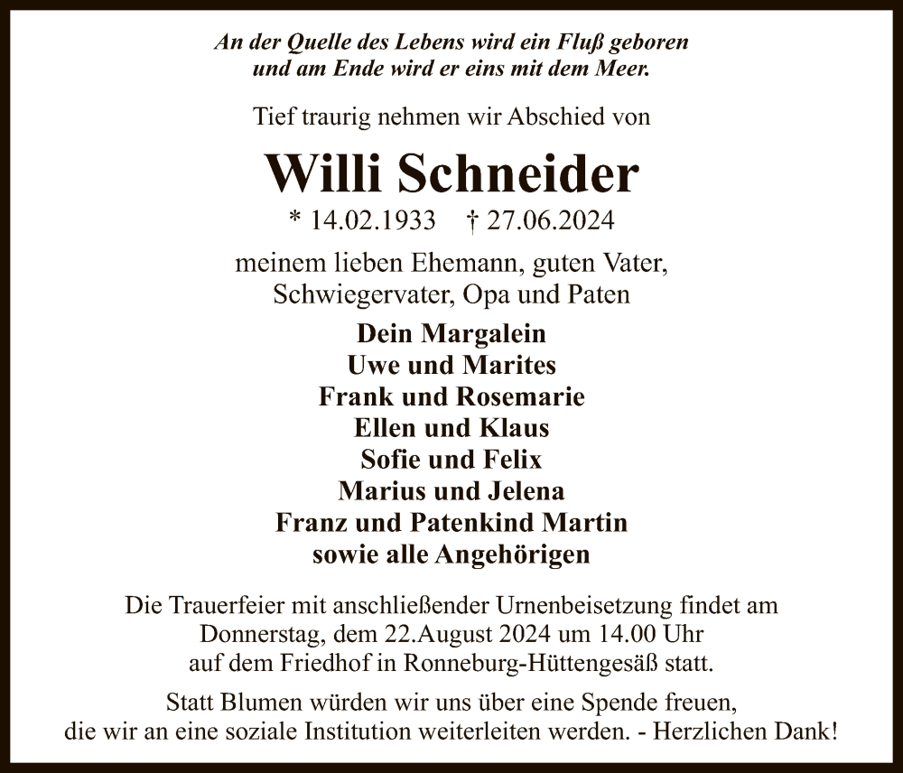  Traueranzeige für Willi Schneider vom 17.08.2024 aus OF