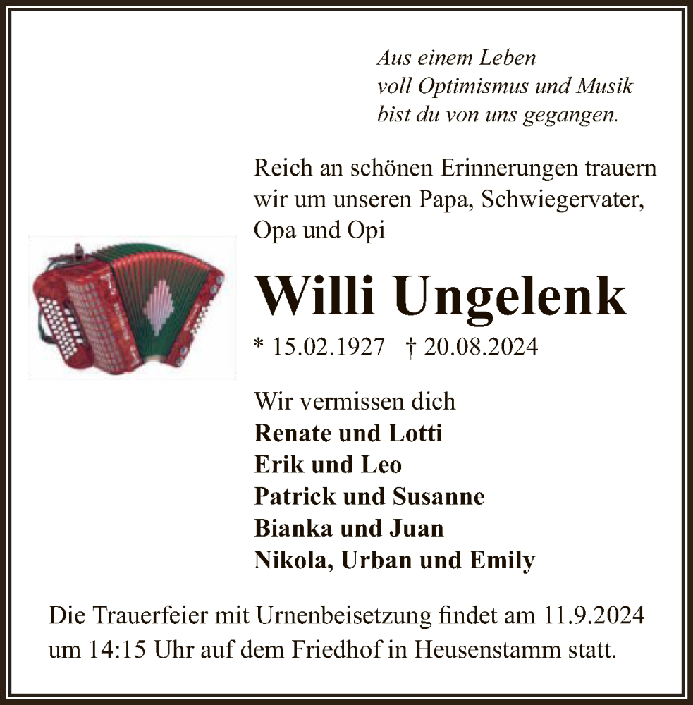  Traueranzeige für Willi Ungelenk vom 31.08.2024 aus OF