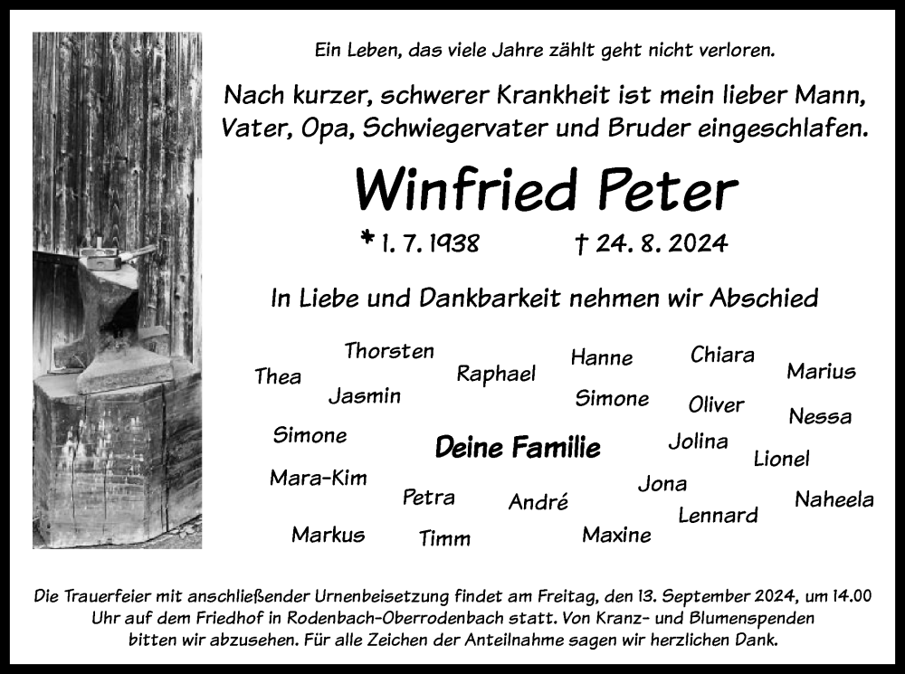  Traueranzeige für Winfried Peter vom 31.08.2024 aus OF