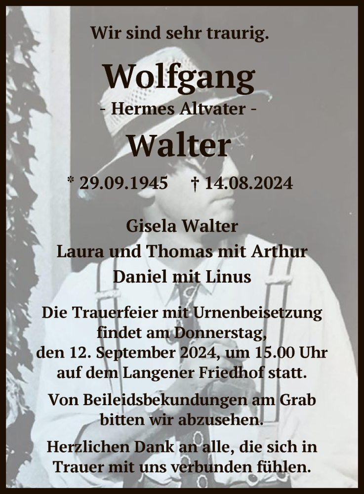  Traueranzeige für Wolfgang Walter vom 31.08.2024 aus OF