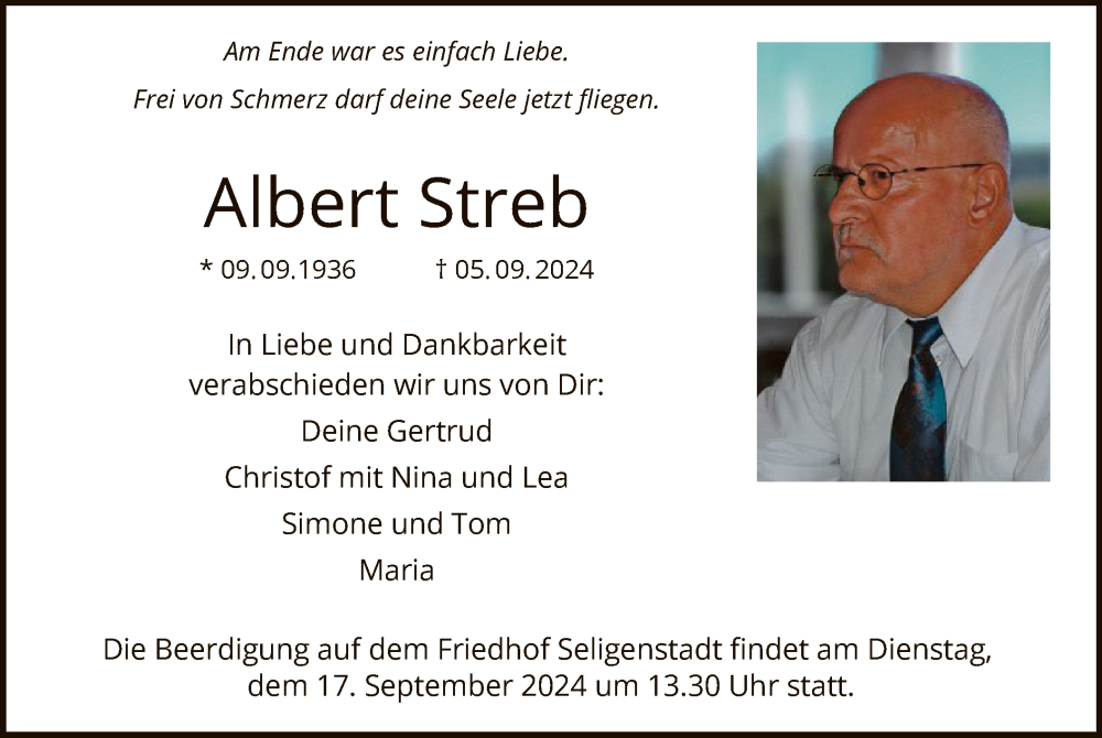  Traueranzeige für Albert Streb vom 14.09.2024 aus OF