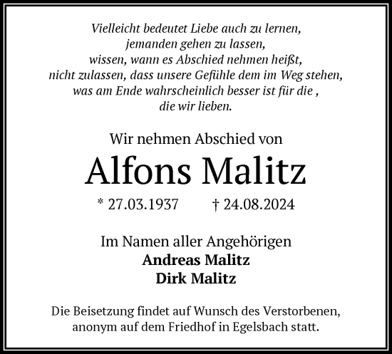 Traueranzeige von Alfons Malitz von OF