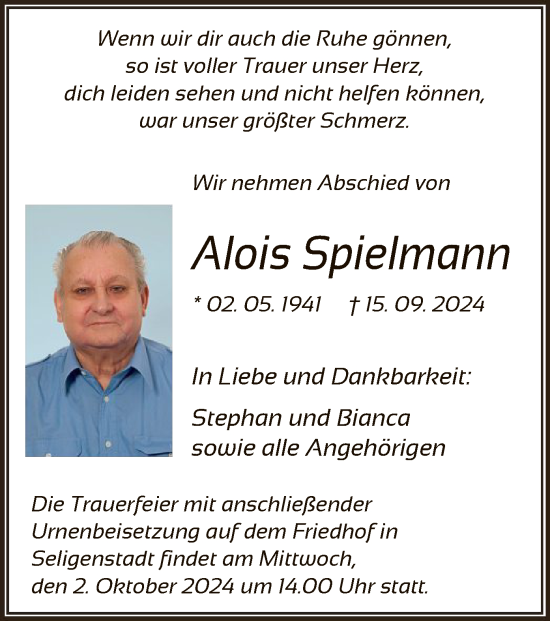 Traueranzeige von Alois Spielmann von OF