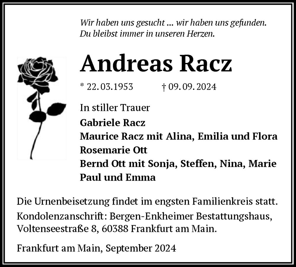  Traueranzeige für Andreas Racz vom 21.09.2024 aus OF
