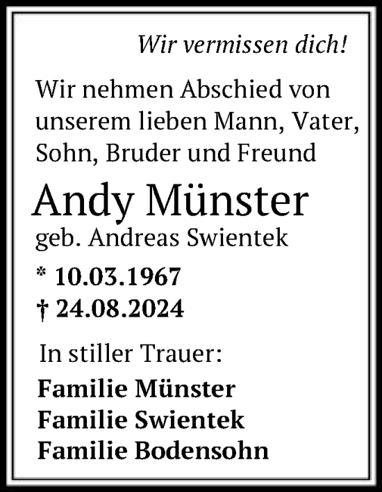 Traueranzeige von Andy Münster von OF