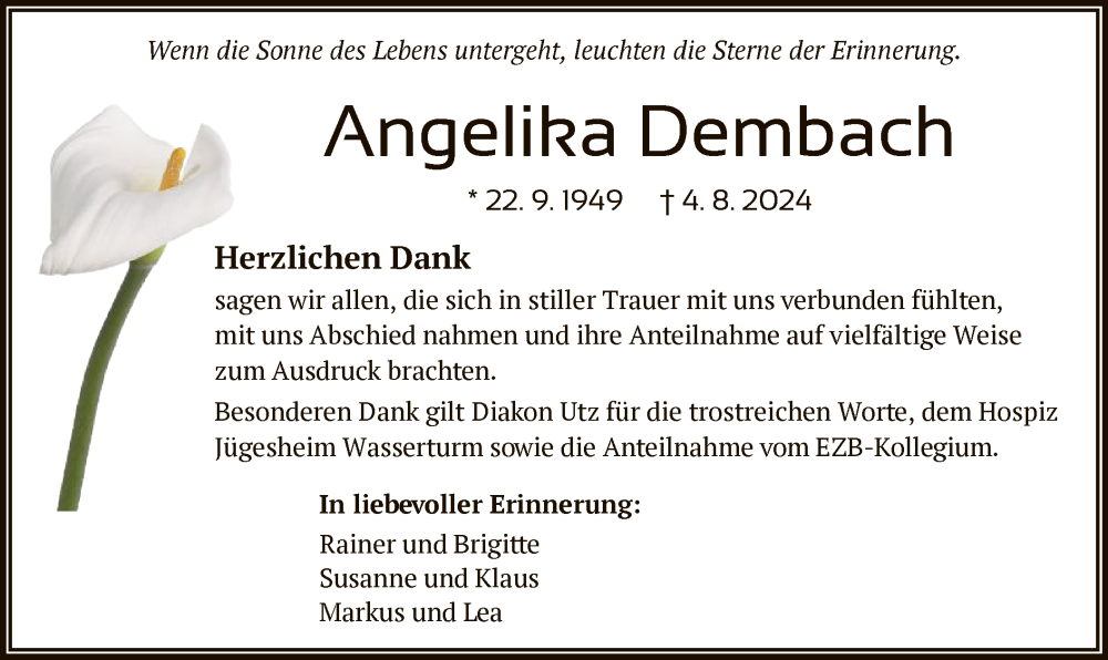  Traueranzeige für Angelika Dembach vom 28.09.2024 aus OF
