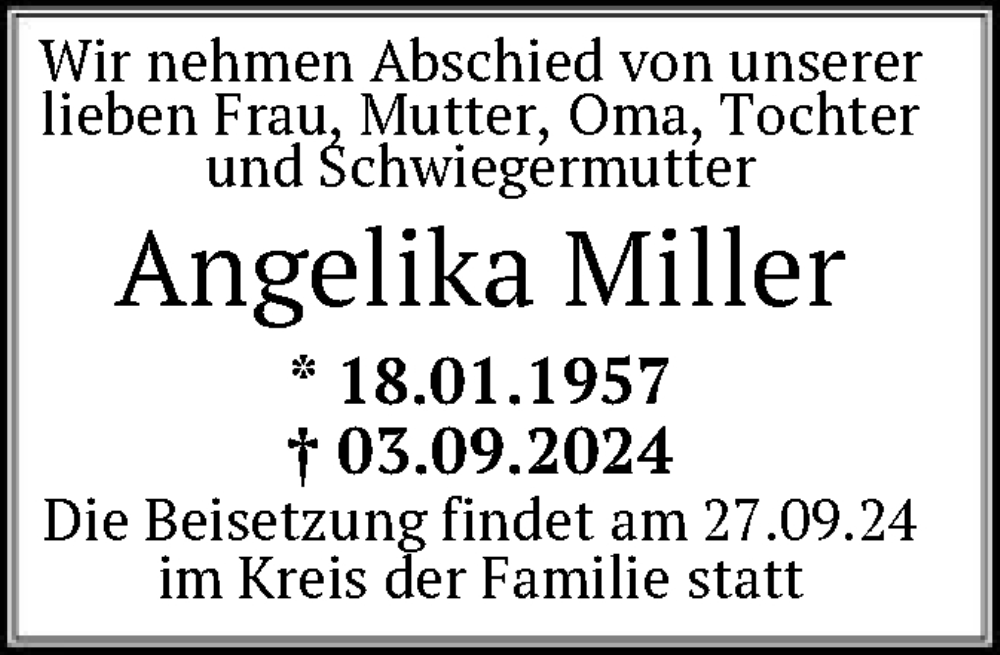  Traueranzeige für Angelika Miller vom 21.09.2024 aus OF