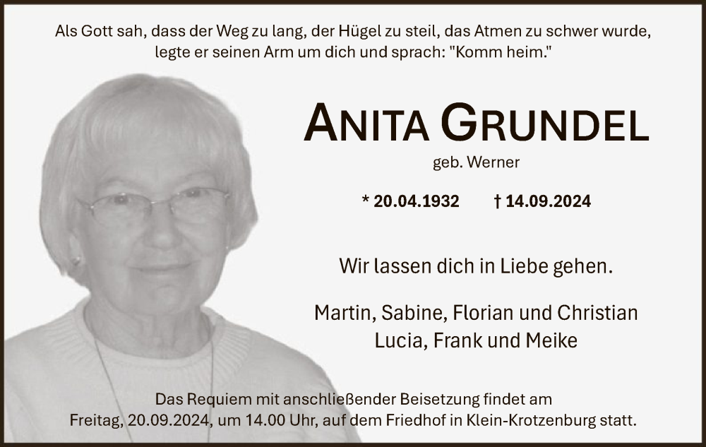  Traueranzeige für Anita Grundel vom 18.09.2024 aus OF