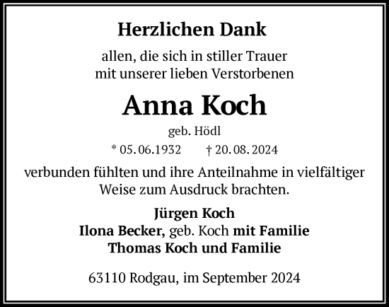 Traueranzeige von Anna Koch von OF