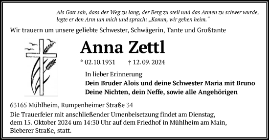 Traueranzeige von Anna Zettl von OF