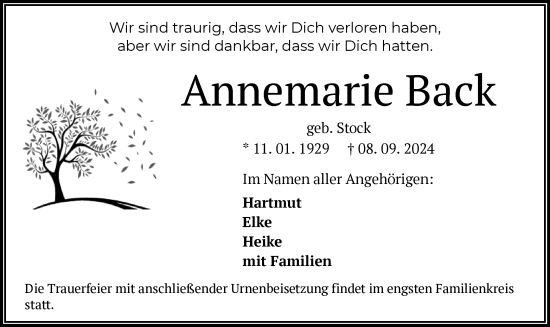 Traueranzeige von Annemarie Back von OF