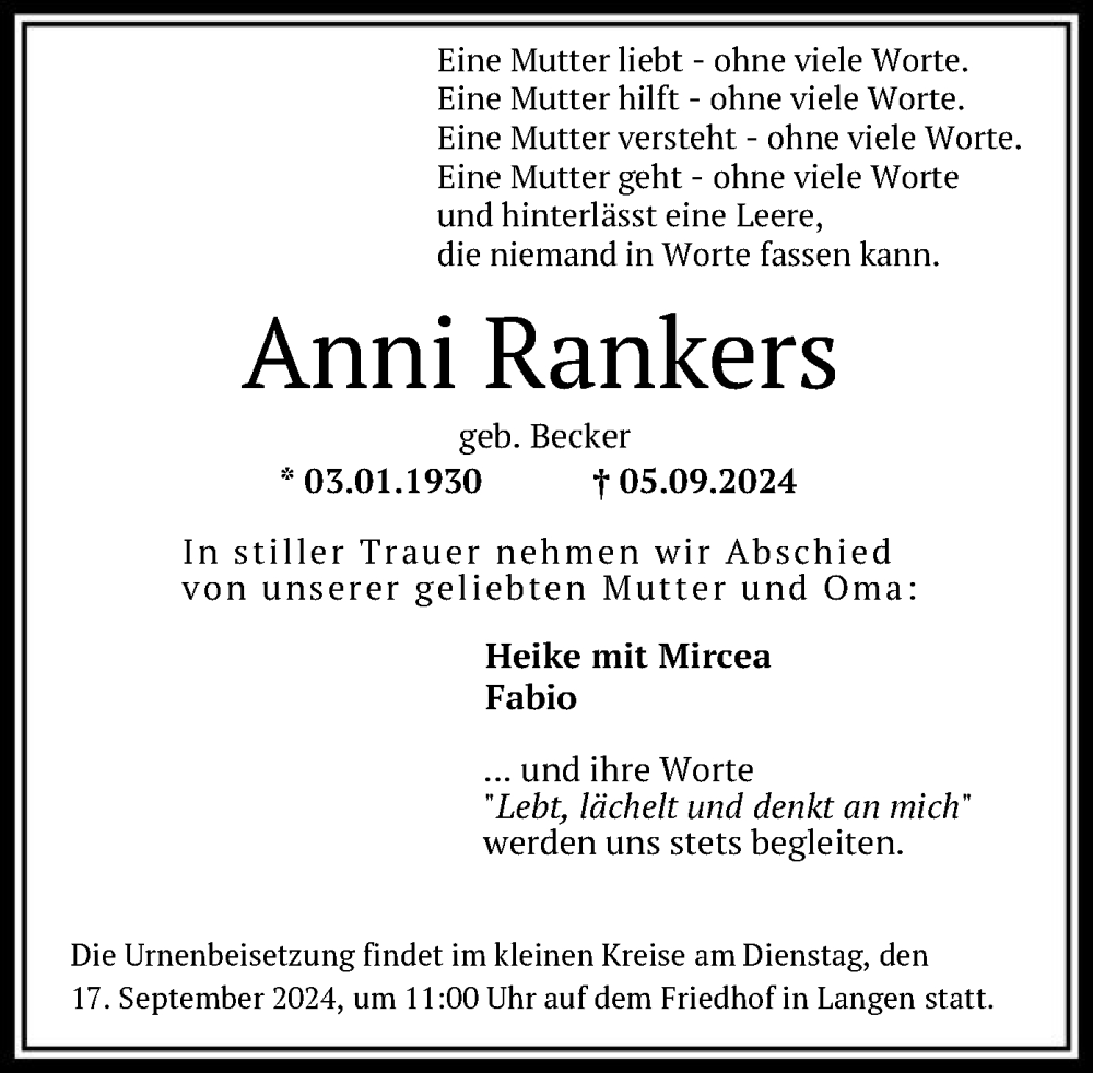  Traueranzeige für Anni Rankers vom 14.09.2024 aus OF