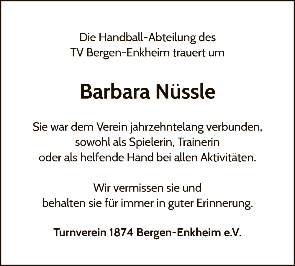  Traueranzeige für Barbara Nüssle vom 21.09.2024 aus OF