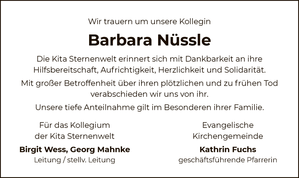  Traueranzeige für Barbara Nüssle vom 21.09.2024 aus OF