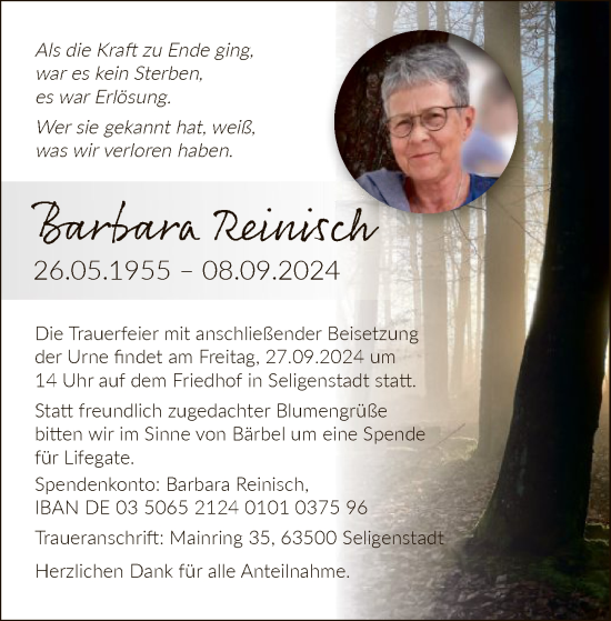 Traueranzeige von Barbara Reinisch von OF