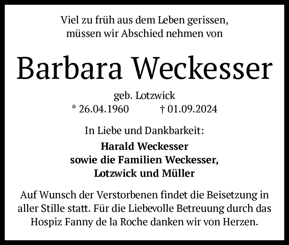  Traueranzeige für Barbara Weckesser vom 07.09.2024 aus OF